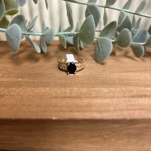 Gold CZ Ring with Black Center Stone and Pavé Accent Stones